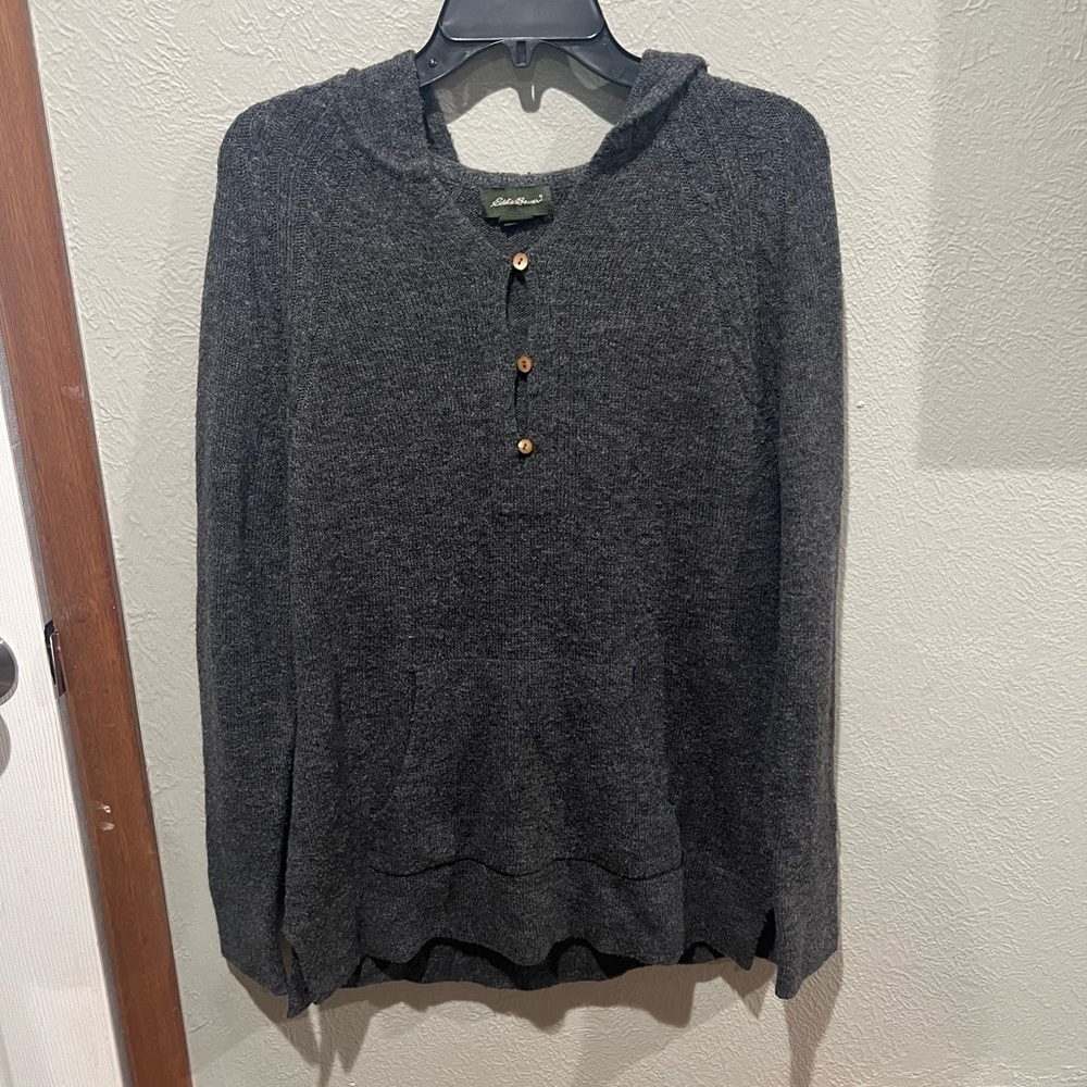 Eddie Bauer Charcoal Women's Sweater Wool Blend Size L Pockets and Hoodie